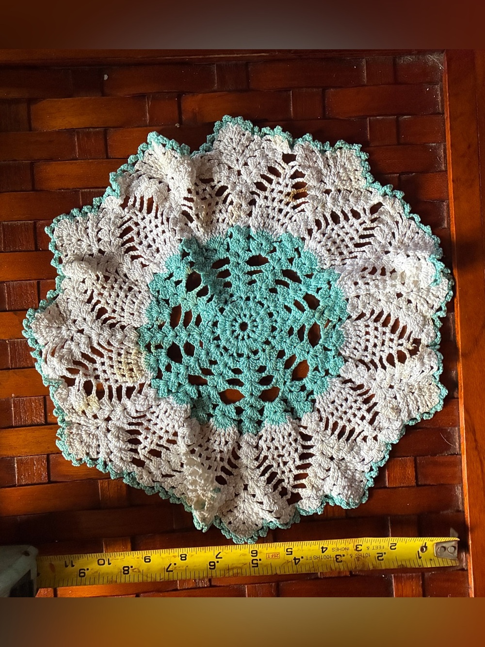 Vintage Handmade Crochet Doily 11" White & Teal Pineapple Motif Table Mat